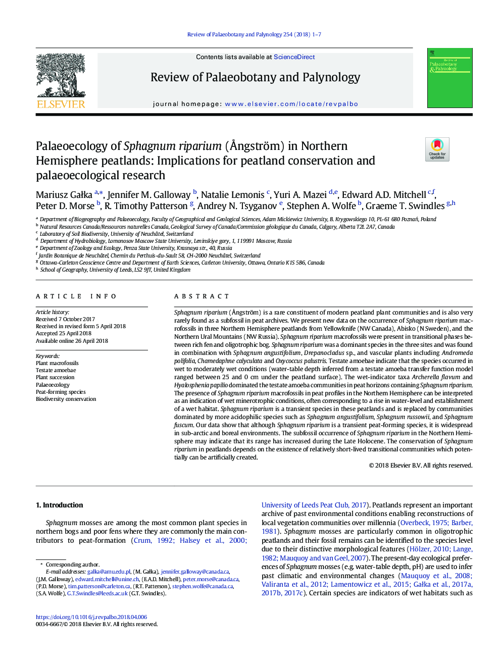 Palaeoecology of Sphagnum riparium (Ãngström) in Northern Hemisphere peatlands: Implications for peatland conservation and palaeoecological research
