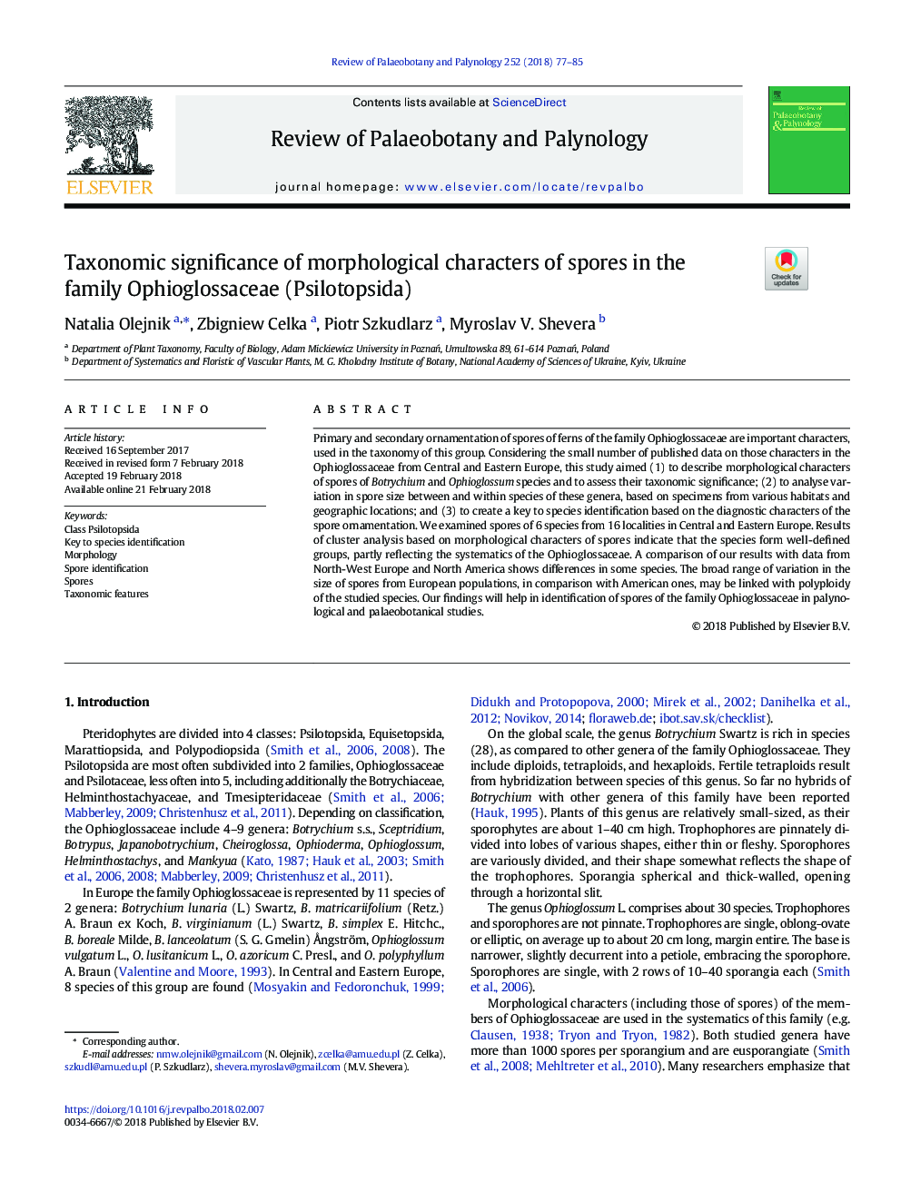 Taxonomic significance of morphological characters of spores in the family Ophioglossaceae (Psilotopsida)