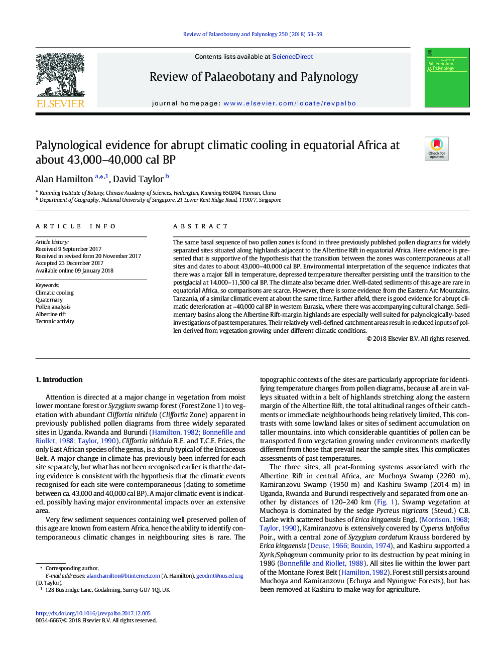 عکس صفحه اول مقاله: Palynological evidence for abrupt climatic cooling in equatorial Africa at about 43,000-40,000 cal BP Palynological evidence for abrupt climatic cooling in equatorial Africa at about 43,000-40,000 cal BP