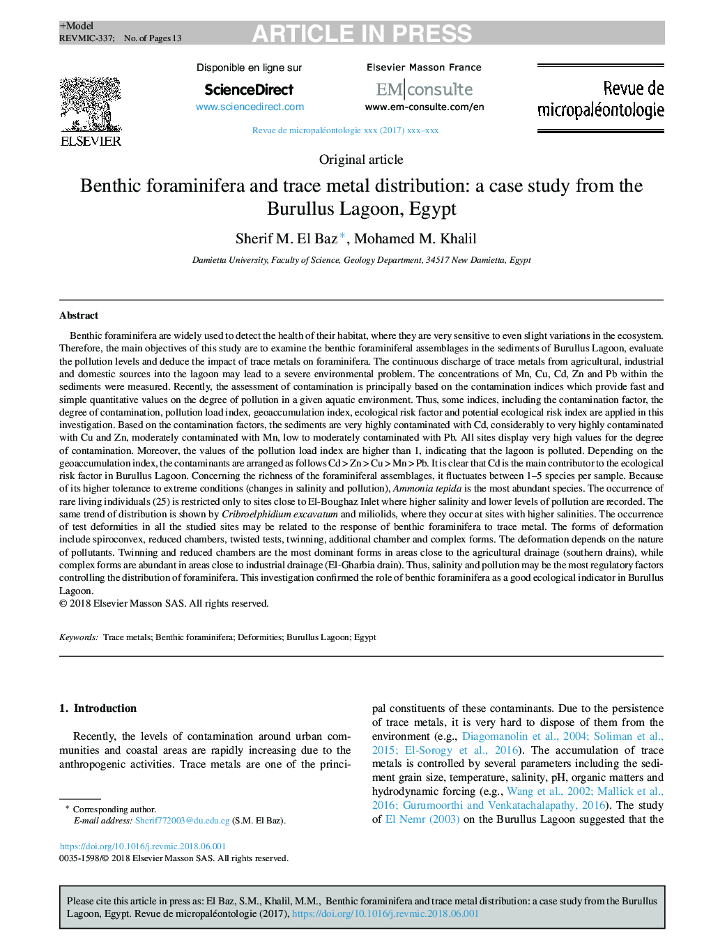 توزیع فورامینیفر بنتونی و توزیع فلزات ردیابی: یک مطالعه موردی از لارو بورولوس مصر