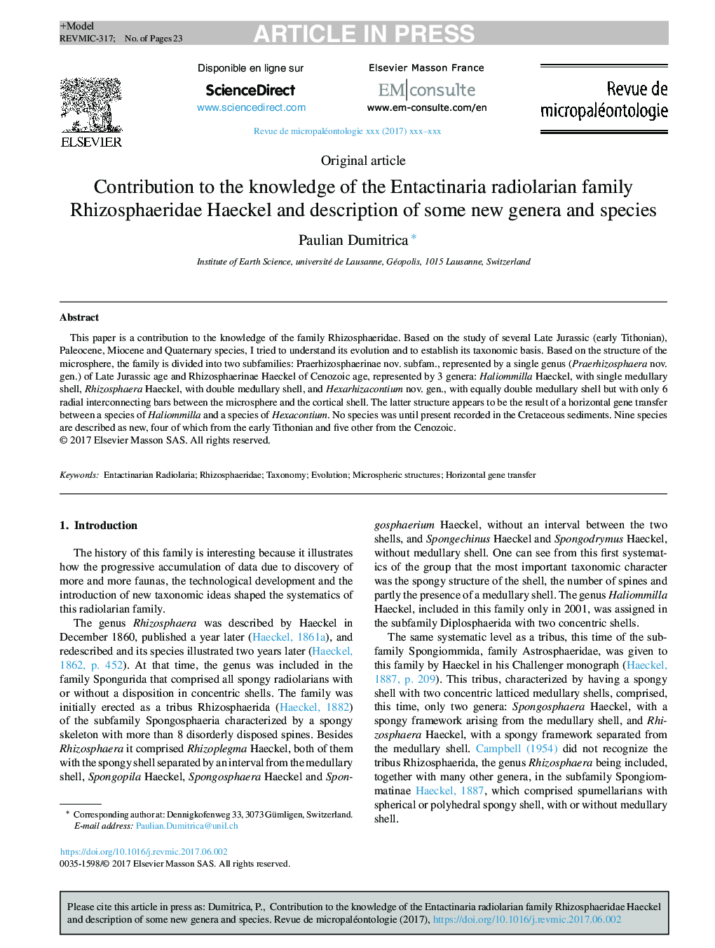 عکس صفحه اول مقاله: Contribution to the knowledge of the Entactinaria radiolarian family Rhizosphaeridae Haeckel and description of some new genera and species Contribution to the knowledge of the Entactinaria radiolarian family Rhizosphaeridae Haeckel and description of some new genera and species