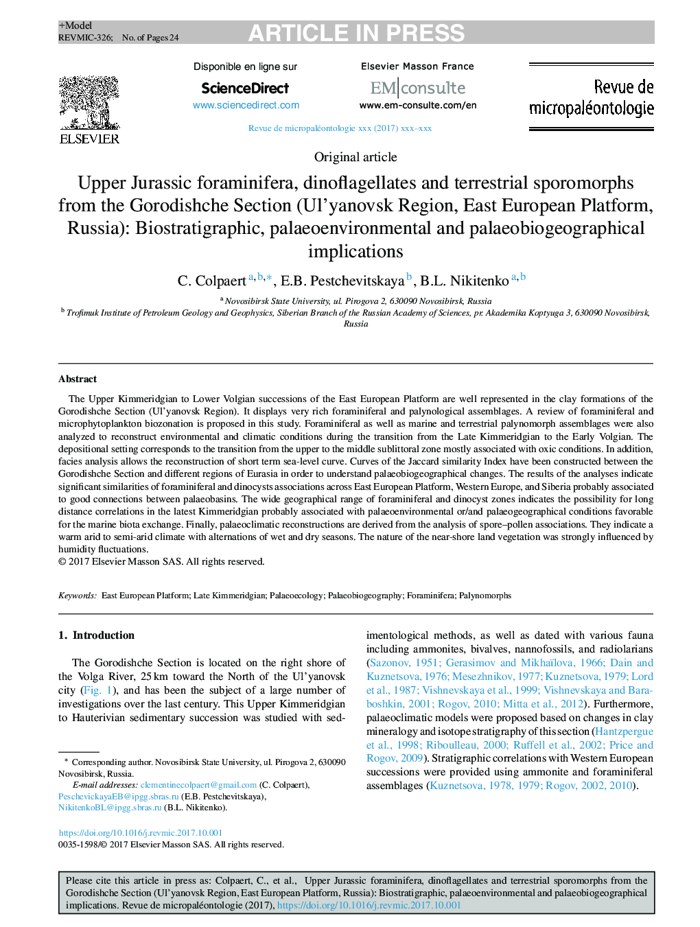 Upper Jurassic foraminifera, dinoflagellates and terrestrial sporomorphs from the Gorodishche Section (Ul'yanovsk Region, East European Platform, Russia): Biostratigraphic, palaeoenvironmental and palaeobiogeographical implications