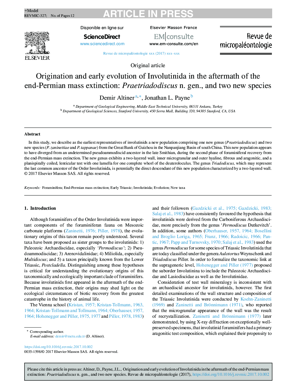 Origination and early evolution of Involutinida in the aftermath of the end-Permian mass extinction: Praetriadodiscus n. gen., and two new species