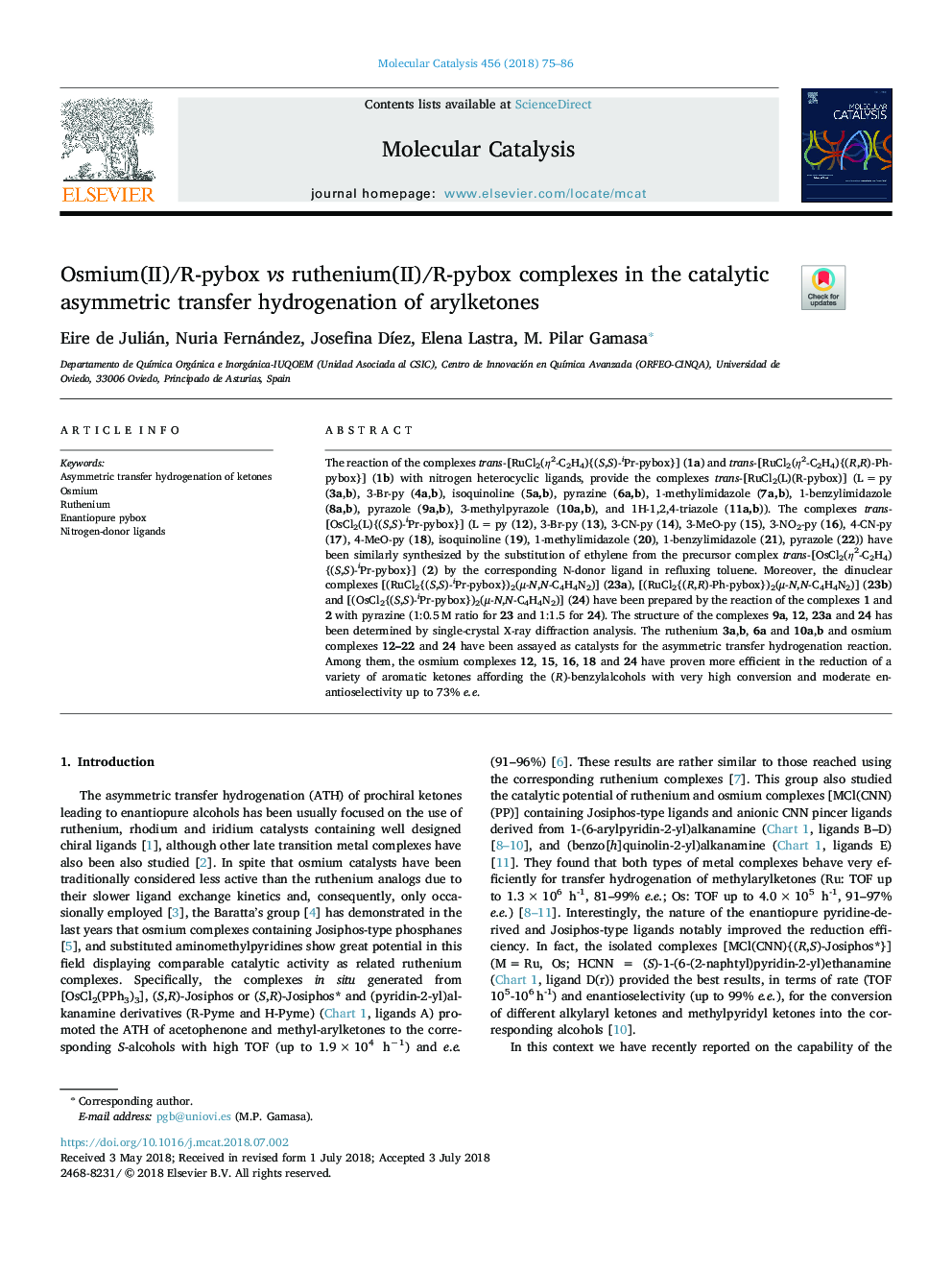 Osmium(II)/R-pybox vs ruthenium(II)/R-pybox complexes in the catalytic asymmetric transfer hydrogenation of arylketones