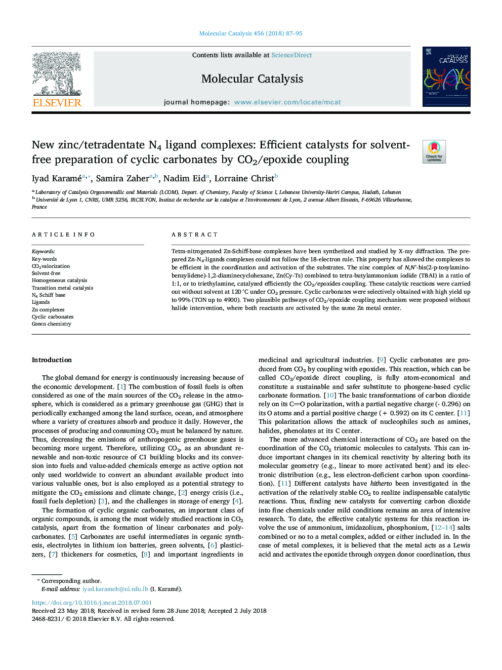 New zinc/tetradentate N4 ligand complexes: Efficient catalysts for solvent-free preparation of cyclic carbonates by CO2/epoxide coupling