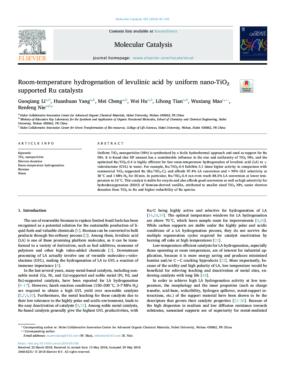 Room-temperature hydrogenation of levulinic acid by uniform nano-TiO2 supported Ru catalysts