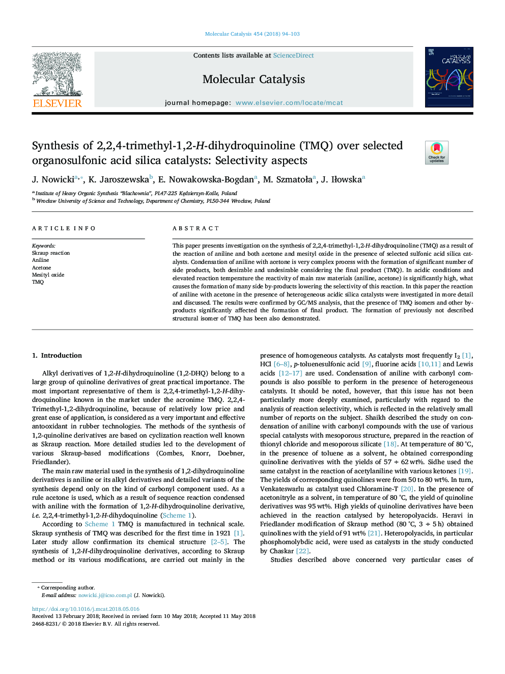 Synthesis of 2,2,4-trimethyl-1,2-H-dihydroquinoline (TMQ) over selected organosulfonic acid silica catalysts: Selectivity aspects