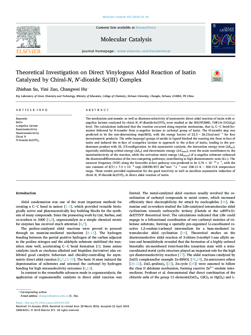 Theoretical Investigation on Direct Vinylogous Aldol Reaction of Isatin Catalyzed by Chiral-N, N'-dioxide Sc(III) Complex