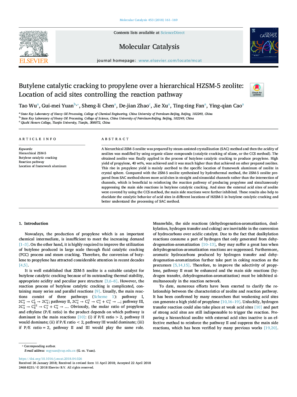 Butylene catalytic cracking to propylene over a hierarchical HZSM-5 zeolite: Location of acid sites controlling the reaction pathway