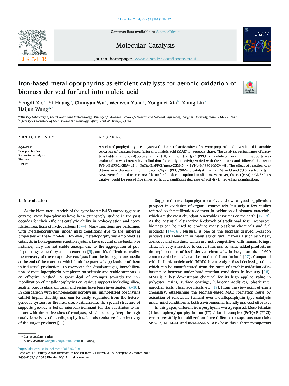 Iron-based metalloporphyrins as efficient catalysts for aerobic oxidation of biomass derived furfural into maleic acid