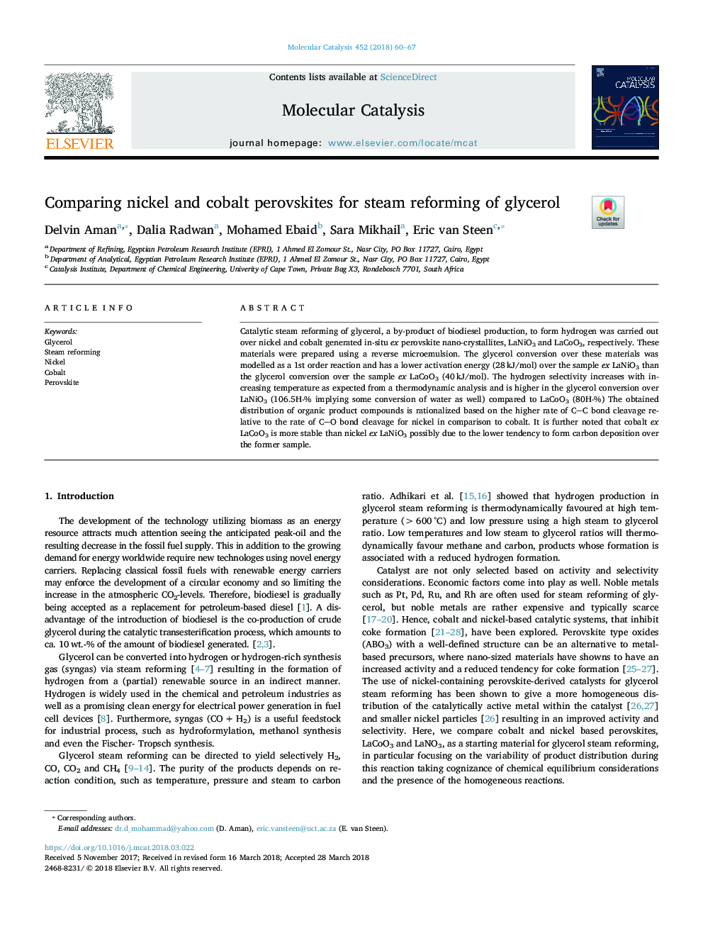 Comparing nickel and cobalt perovskites for steam reforming of glycerol