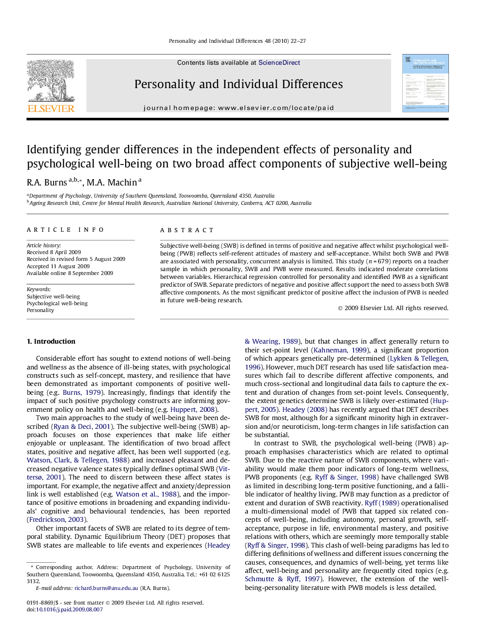 Identifying gender differences in the independent effects of personality and psychological well-being on two broad affect components of subjective well-being