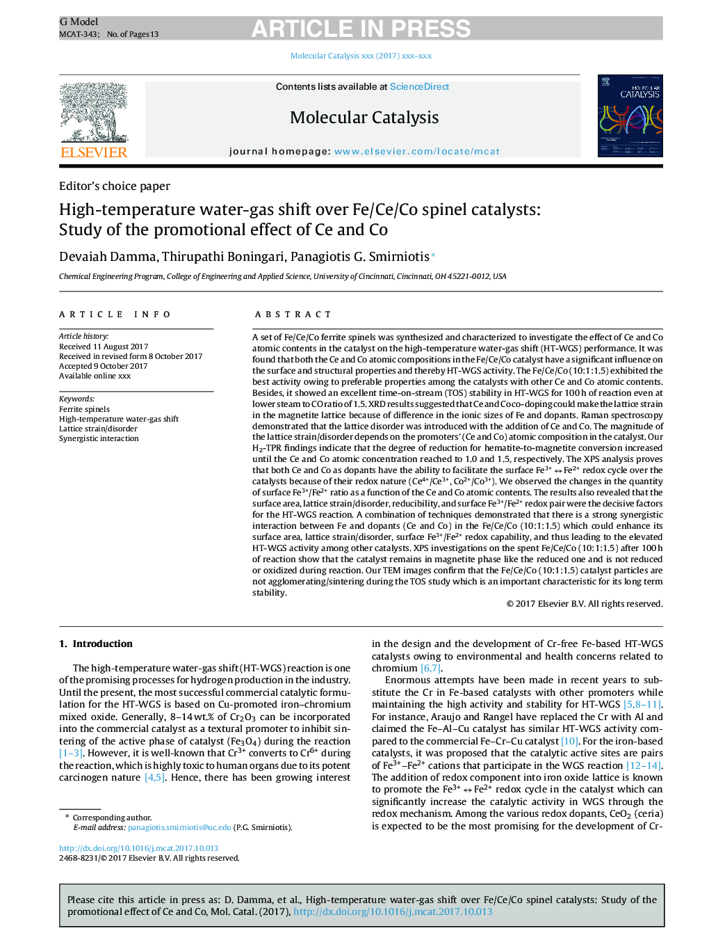 High-temperature water-gas shift over Fe/Ce/Co spinel catalysts: Study of the promotional effect of Ce and Co