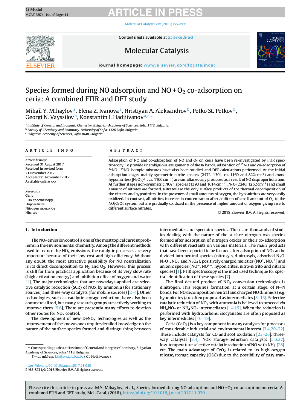 Species formed during NO adsorption and NOâ¯+â¯O2 co-adsorption on ceria: A combined FTIR and DFT study