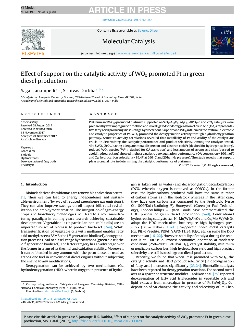 Effect of support on the catalytic activity of WOx promoted Pt in green diesel production