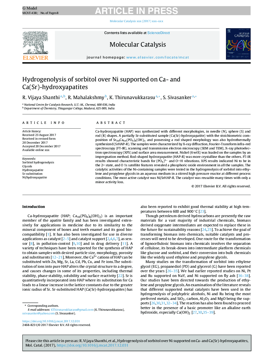 Hydrogenolysis of sorbitol over Ni supported on Ca- and Ca(Sr)-hydroxyapatites