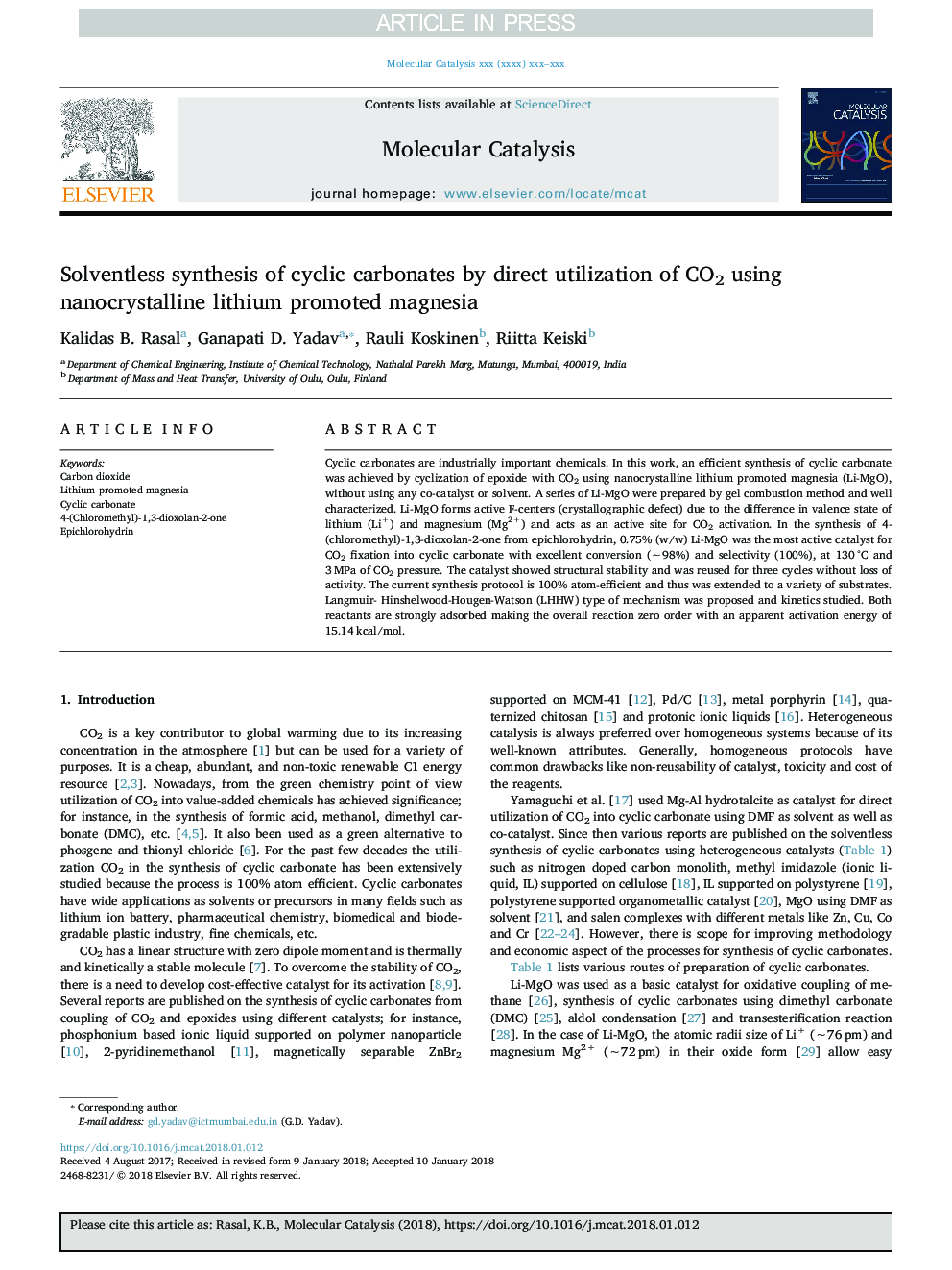 Solventless synthesis of cyclic carbonates by direct utilization of CO2 using nanocrystalline lithium promoted magnesia