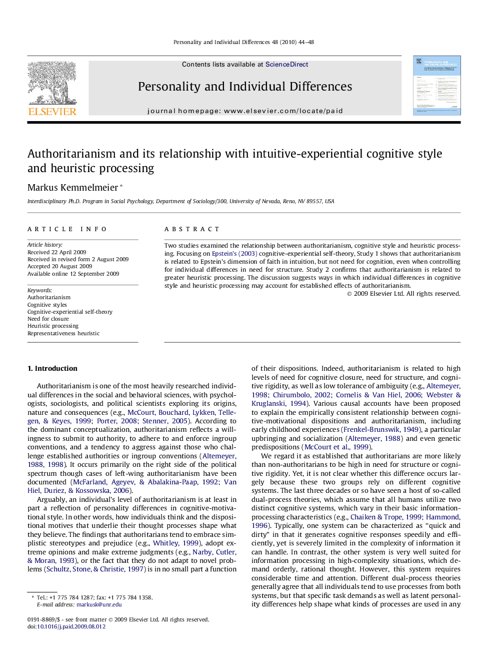 Authoritarianism and its relationship with intuitive-experiential cognitive style and heuristic processing