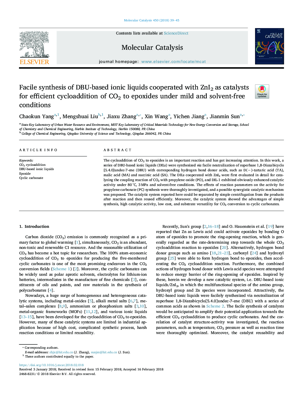 عکس صفحه اول مقاله: Facile synthesis of DBU-based ionic liquids cooperated with ZnI2 as catalysts for efficient cycloaddition of CO2 to epoxides under mild and solvent-free conditions Facile synthesis of DBU-based ionic liquids cooperated with ZnI2 as catalysts for efficient cycloaddition of CO2 to epoxides under mild and solvent-free conditions