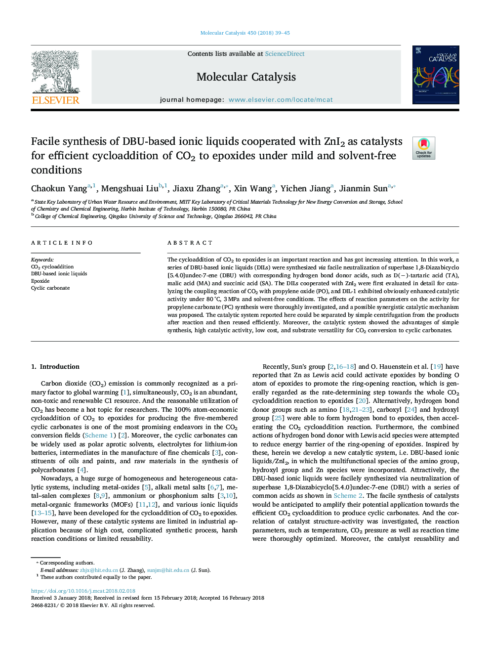 Facile synthesis of DBU-based ionic liquids cooperated with ZnI2 as catalysts for efficient cycloaddition of CO2 to epoxides under mild and solvent-free conditions