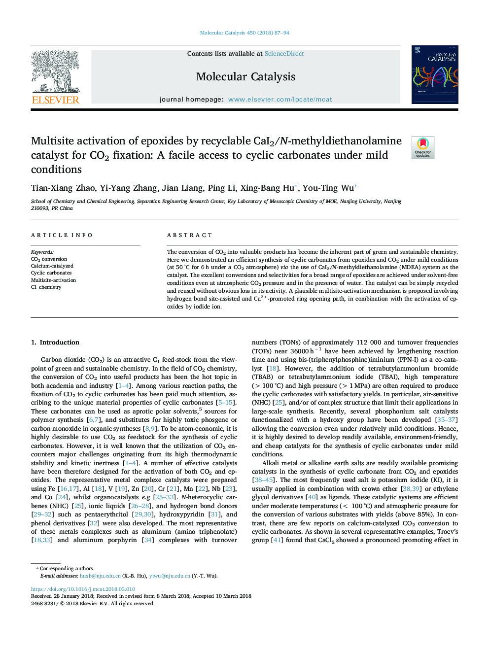 Multisite activation of epoxides by recyclable CaI2/N-methyldiethanolamine catalyst for CO2 fixation: A facile access to cyclic carbonates under mild conditions