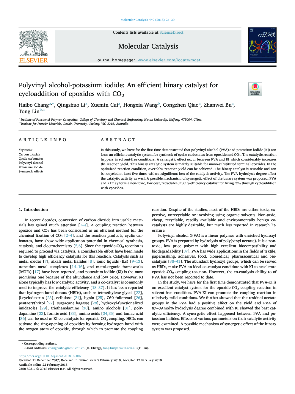 Polyvinyl alcohol-potassium iodide: An efficient binary catalyst for cycloaddition of epoxides with CO2