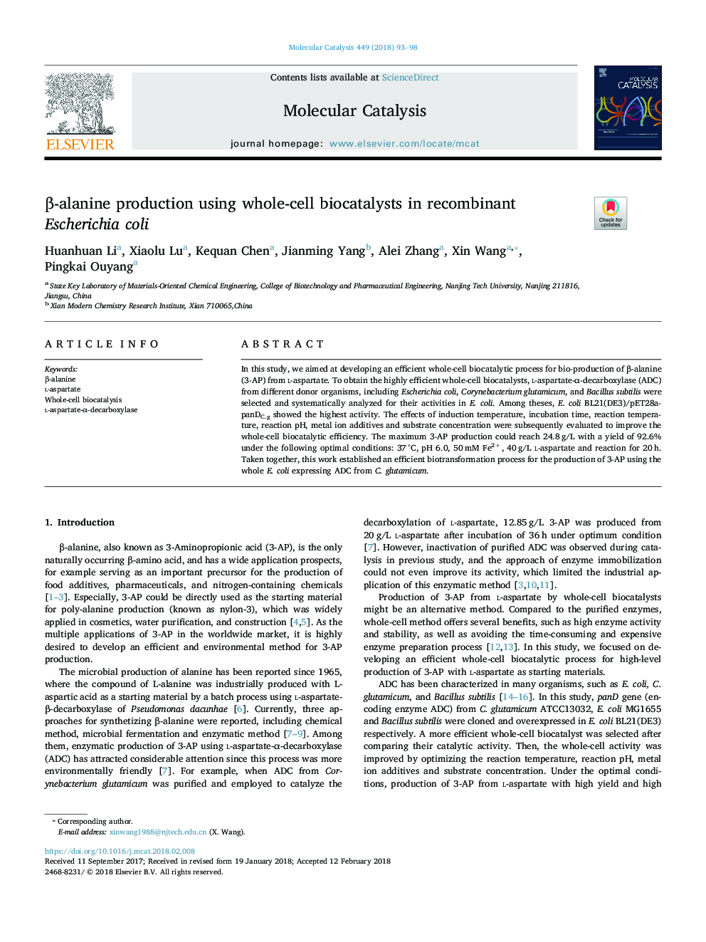 Î²-alanine production using whole-cell biocatalysts in recombinant Escherichia coli