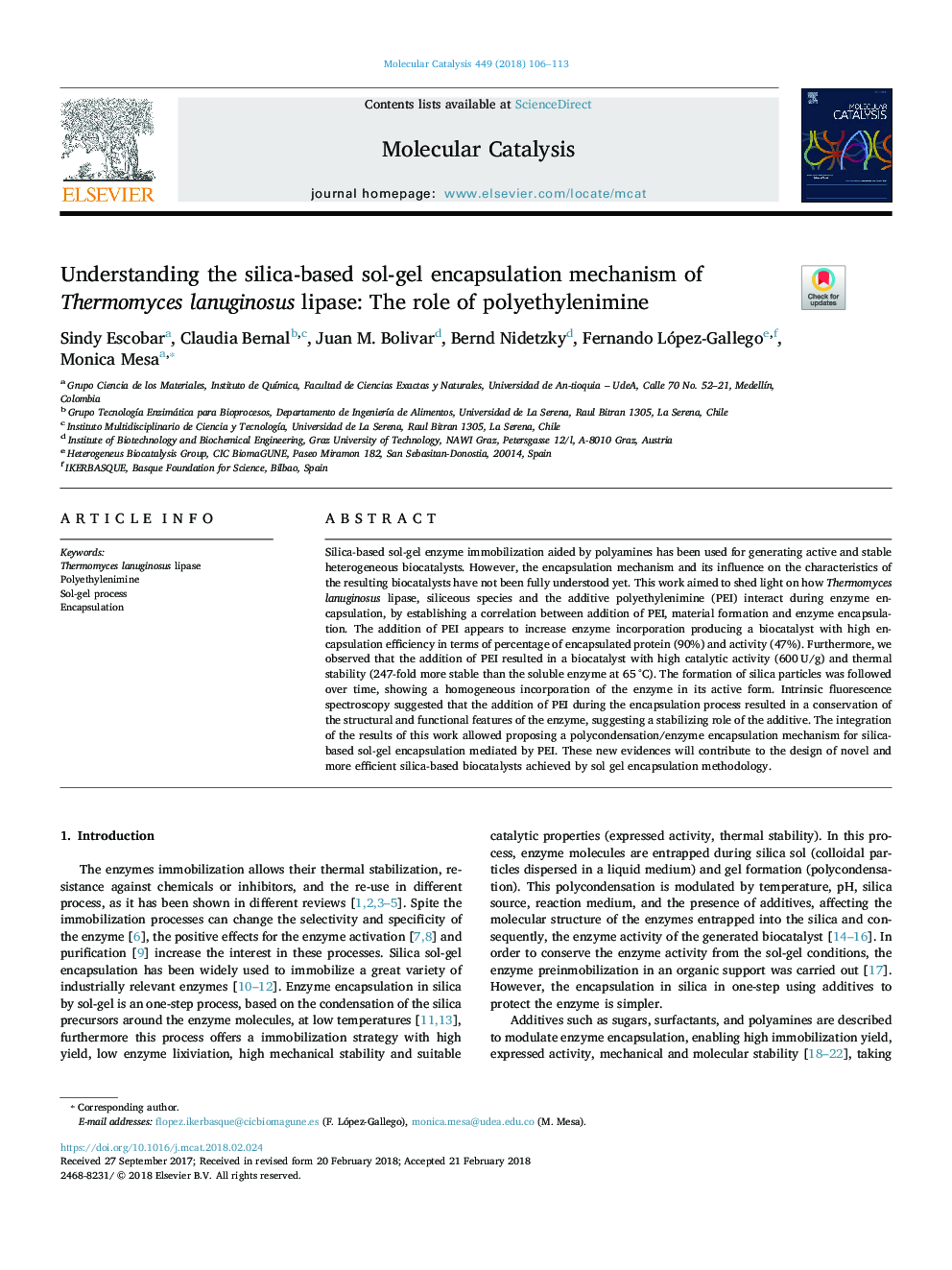 Understanding the silica-based sol-gel encapsulation mechanism of Thermomyces lanuginosus lipase: The role of polyethylenimine