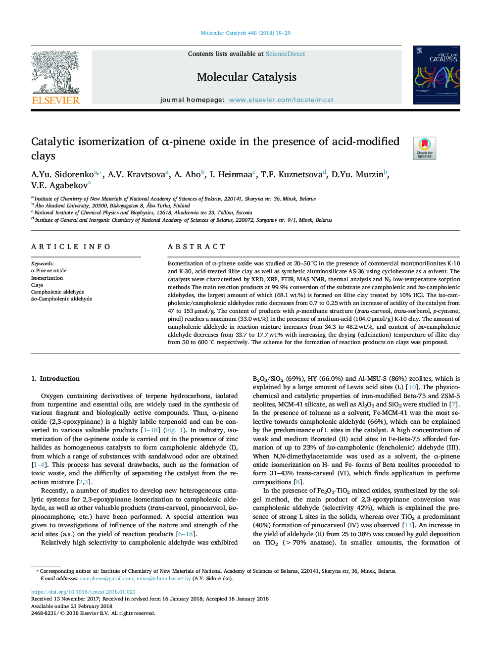 Catalytic isomerization of Î±-pinene oxide in the presence of acid-modified clays