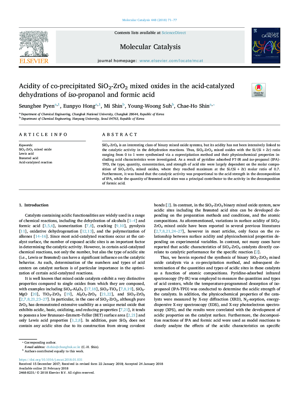 Acidity of co-precipitated SiO2-ZrO2 mixed oxides in the acid-catalyzed dehydrations of iso-propanol and formic acid