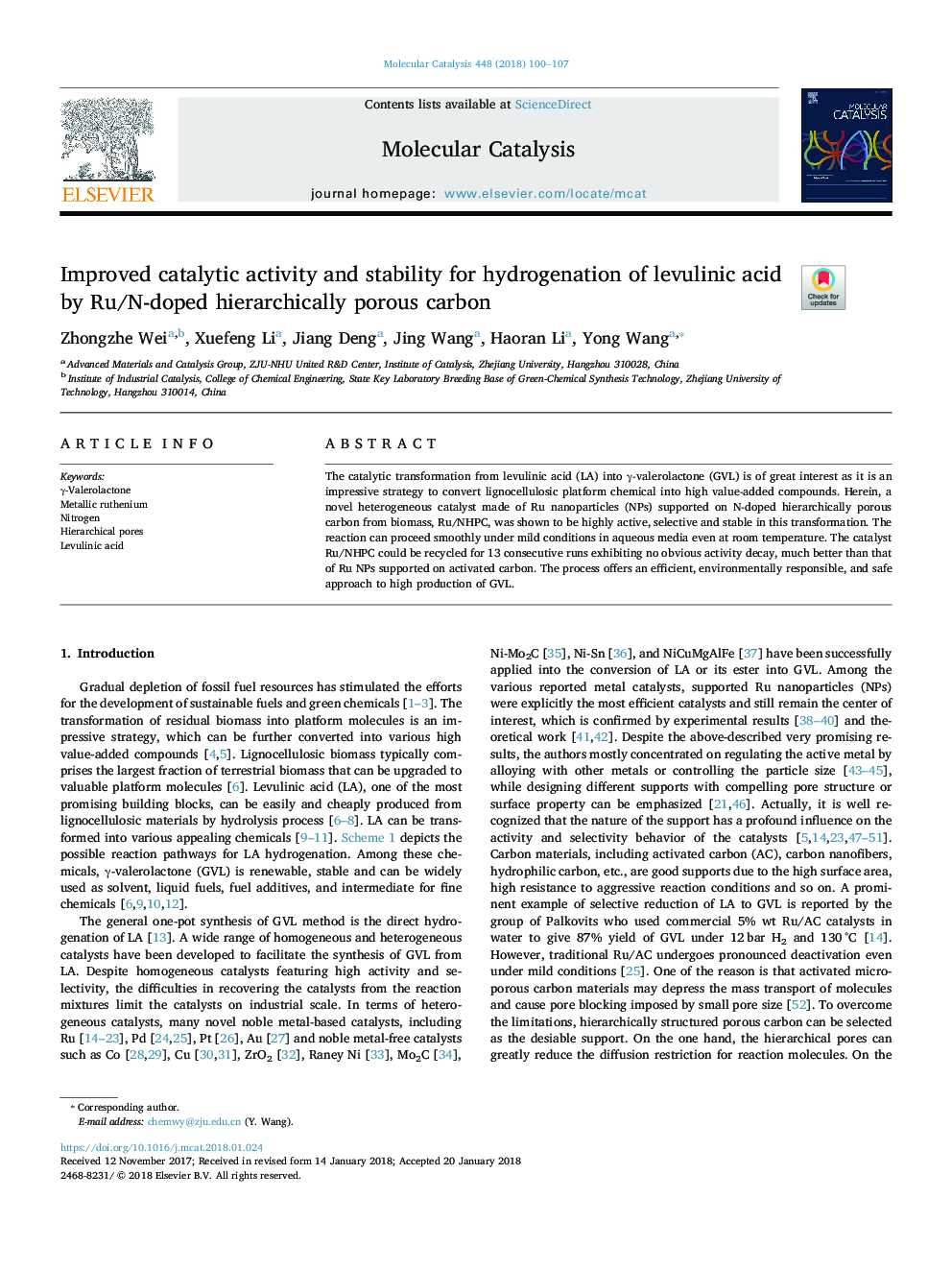 Improved catalytic activity and stability for hydrogenation of levulinic acid by Ru/N-doped hierarchically porous carbon