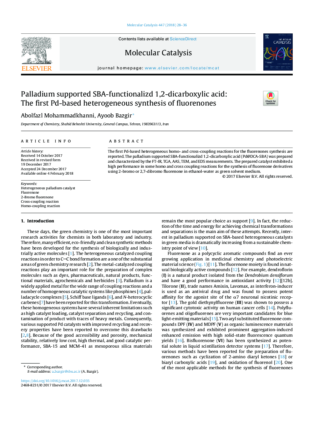 Palladium supported SBA-functionalizd 1,2-dicarboxylic acid: The first Pd-based heterogeneous synthesis of fluorenones