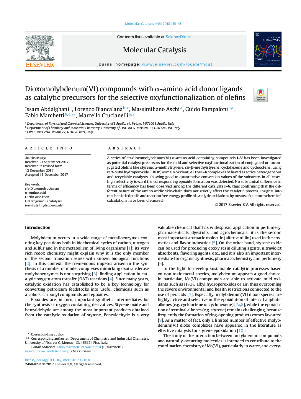 Dioxomolybdenum(VI) compounds with Î±-amino acid donor ligands as catalytic precursors for the selective oxyfunctionalization of olefins