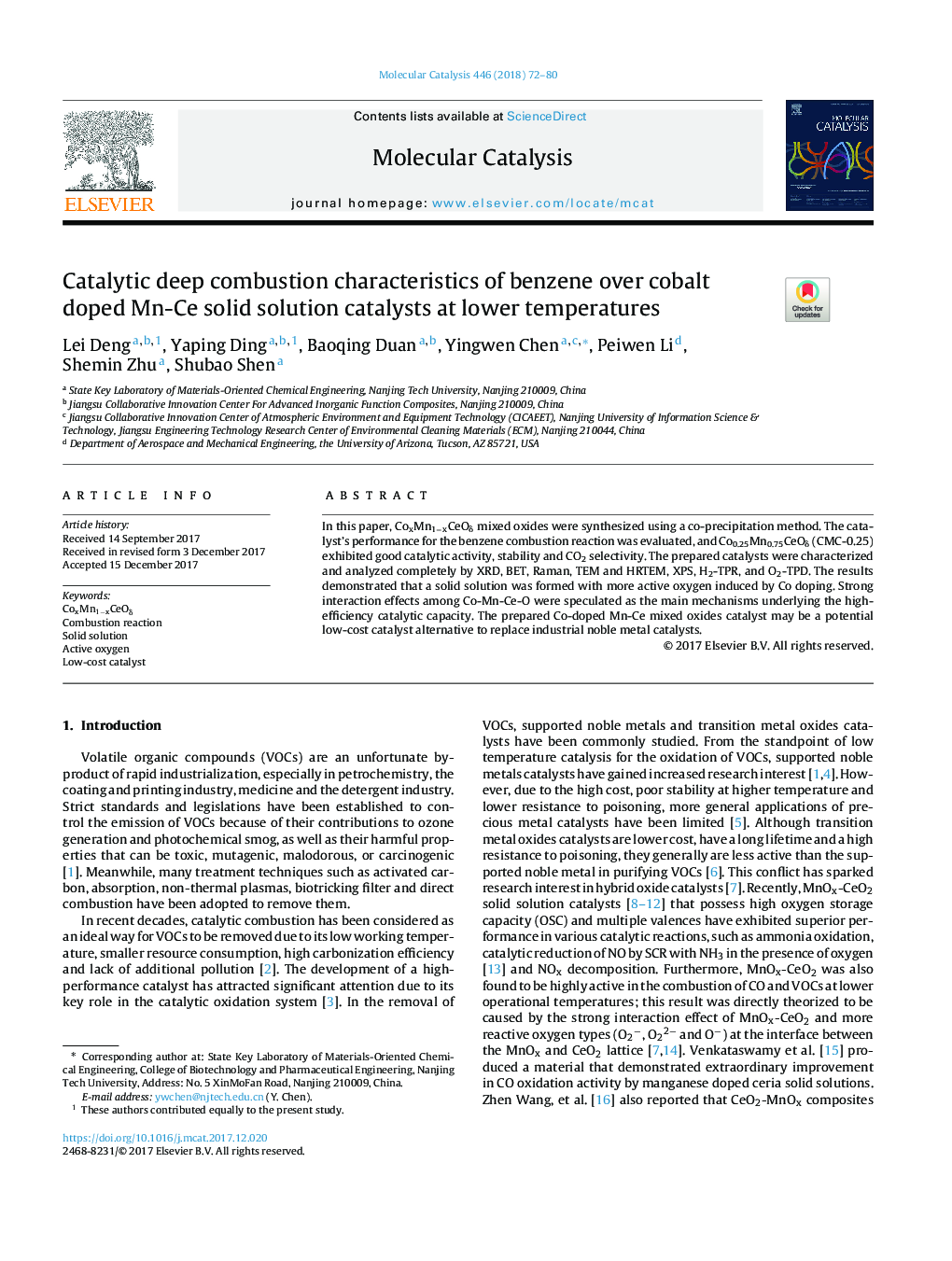 Catalytic deep combustion characteristics of benzene over cobalt doped Mn-Ce solid solution catalysts at lower temperatures