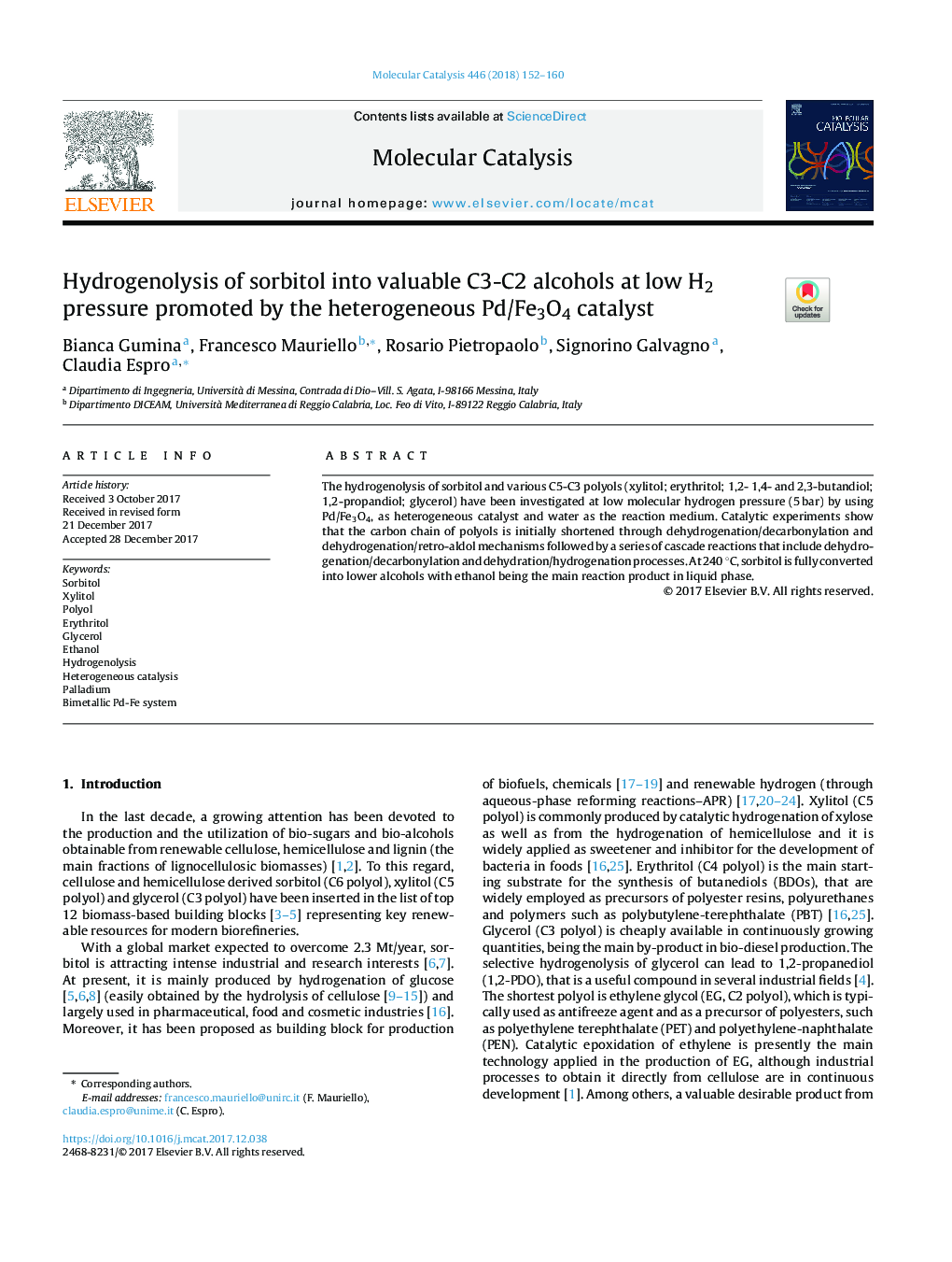 Hydrogenolysis of sorbitol into valuable C3-C2 alcohols at low H2 pressure promoted by the heterogeneous Pd/Fe3O4 catalyst