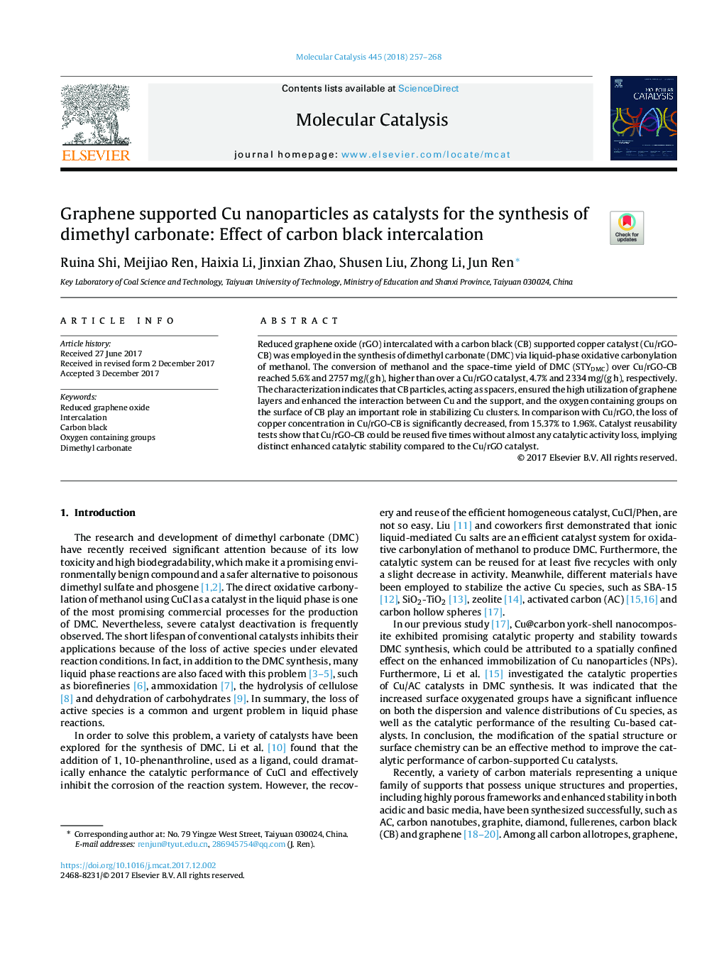 Graphene supported Cu nanoparticles as catalysts for the synthesis of dimethyl carbonate: Effect of carbon black intercalation