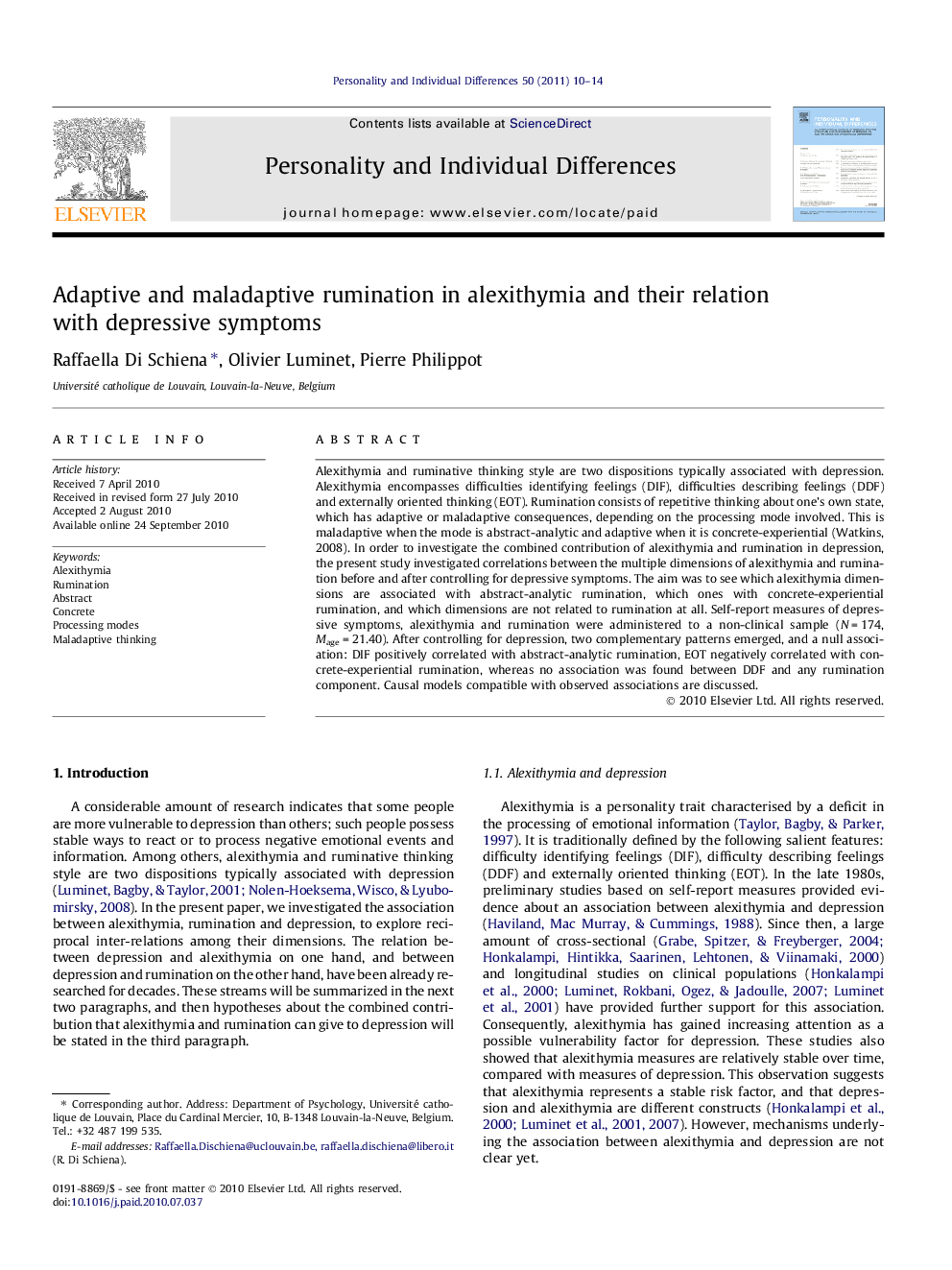 Adaptive and maladaptive rumination in alexithymia and their relation with depressive symptoms