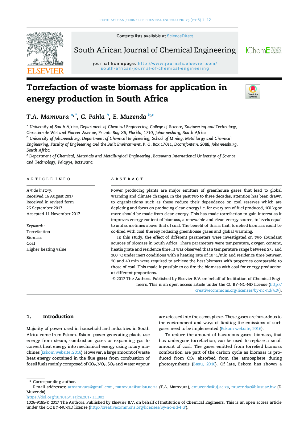 Torrefaction of waste biomass for application in energy production in South Africa