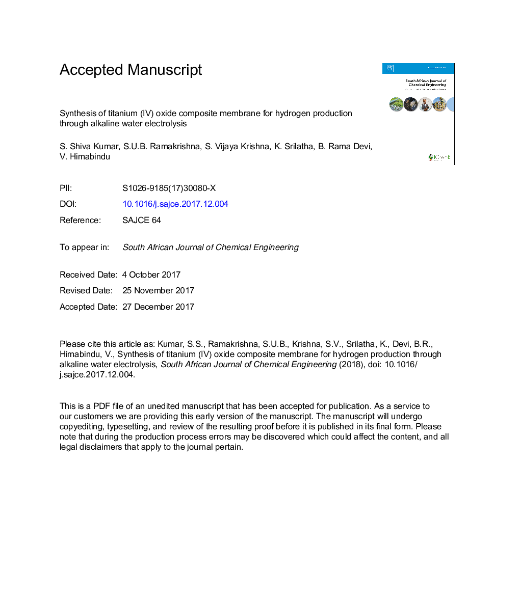 Synthesis of titanium (IV) oxide composite membrane for hydrogen production through alkaline water electrolysis