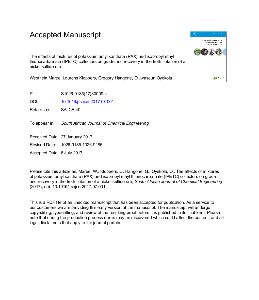 The effects of mixtures of potassium amyl xanthate (PAX) and isopropyl ethyl thionocarbamate (IPETC) collectors on grade and recovery in the froth flotation of a nickel sulfide ore