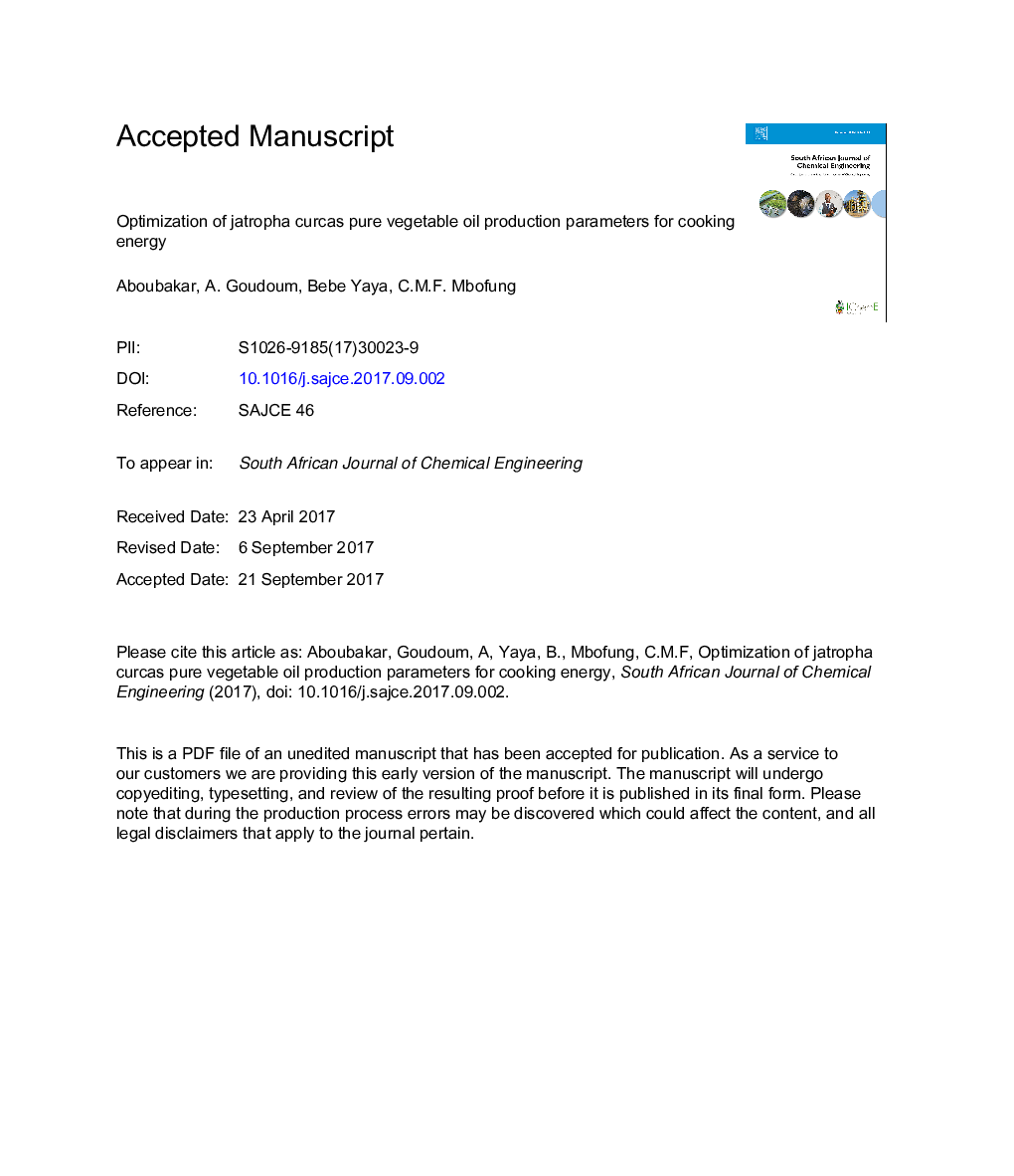 Optimization of Jatropha curcas pure vegetable oil production parameters for cooking energy