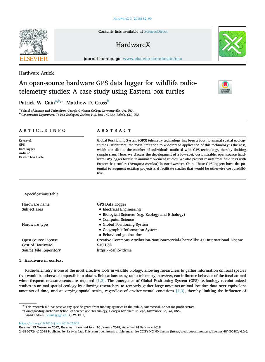 An open-source hardware GPS data logger for wildlife radio-telemetry studies: A case study using Eastern box turtles