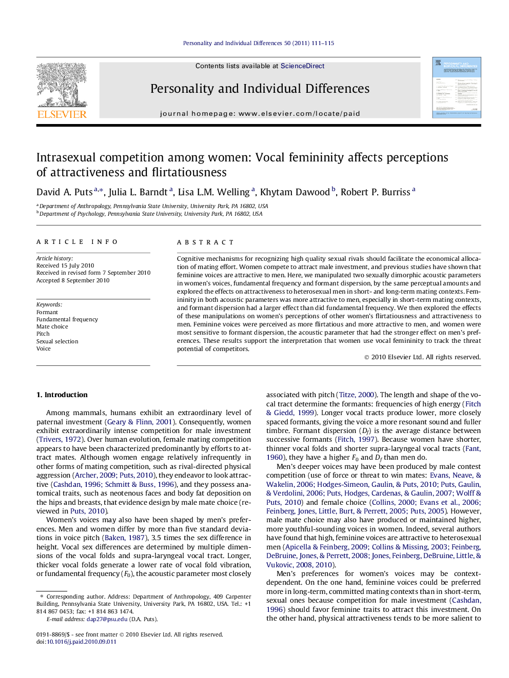 Intrasexual competition among women: Vocal femininity affects perceptions of attractiveness and flirtatiousness