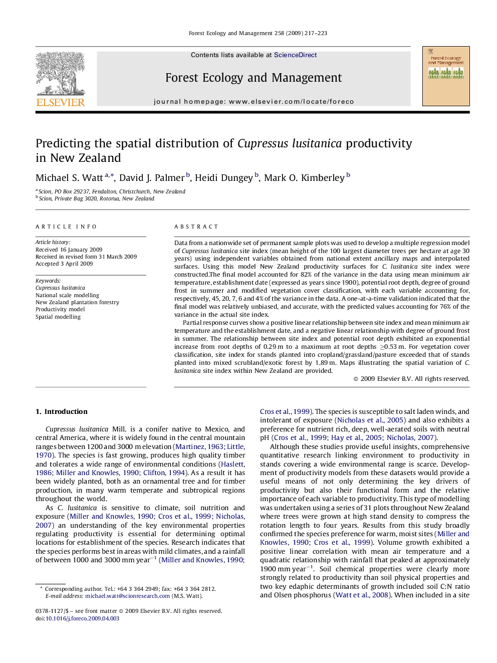 Predicting the spatial distribution of Cupressus lusitanica productivity in New Zealand