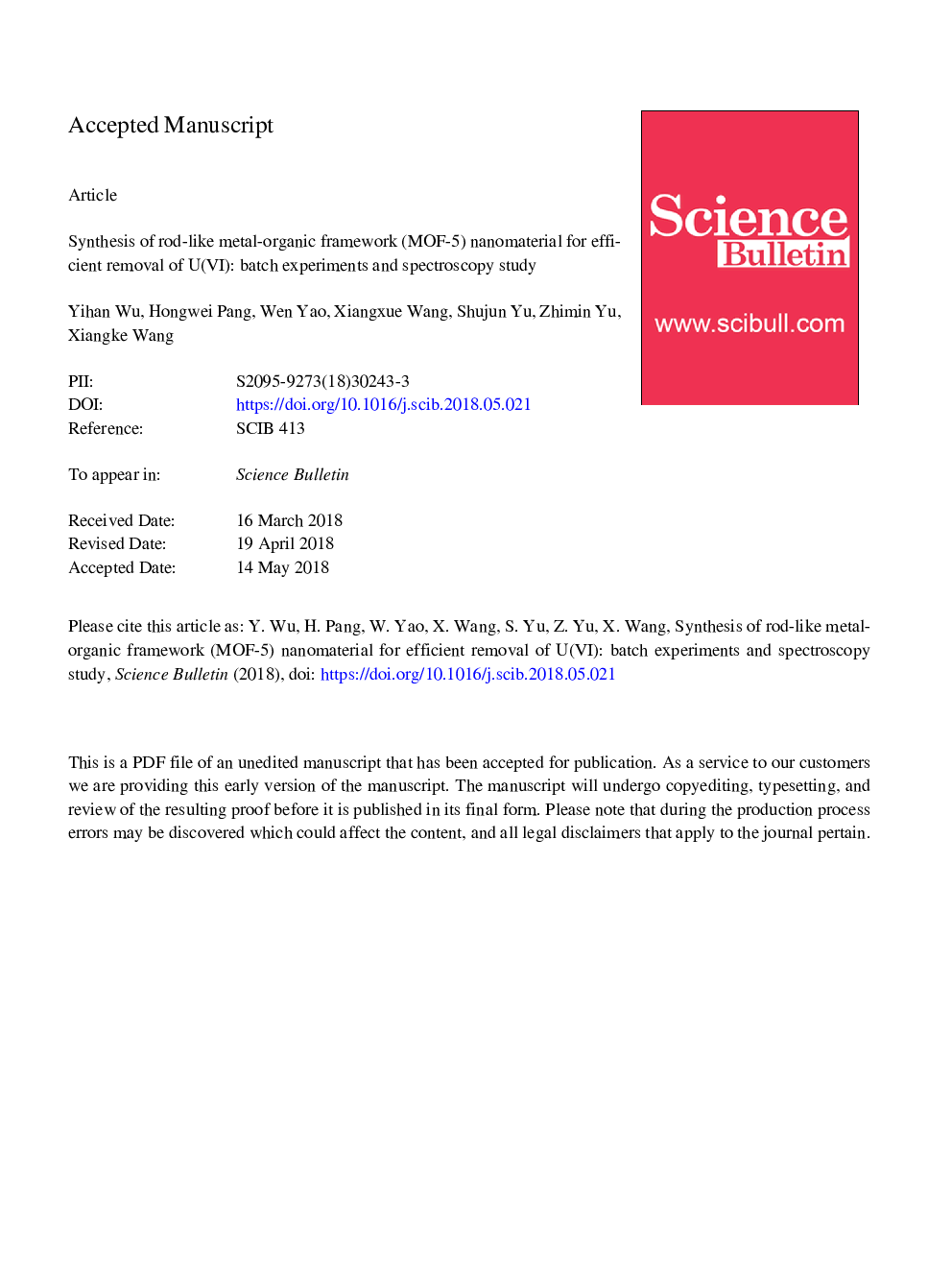 عکس صفحه اول مقاله: Synthesis of rod-like metal-organic framework (MOF-5) nanomaterial for efficient removal of U(VI): batch experiments and spectroscopy study Synthesis of rod-like metal-organic framework (MOF-5) nanomaterial for efficient removal of U(VI): batch experiments and spectroscopy study