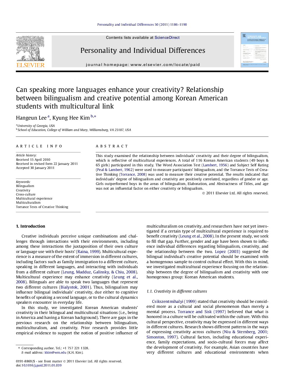 Can speaking more languages enhance your creativity? Relationship between bilingualism and creative potential among Korean American students with multicultural link