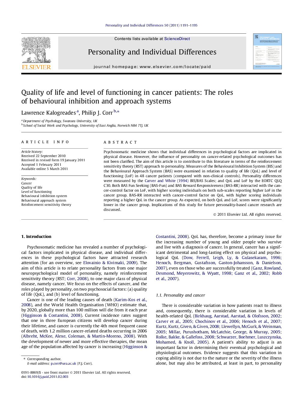 Quality of life and level of functioning in cancer patients: The roles of behavioural inhibition and approach systems