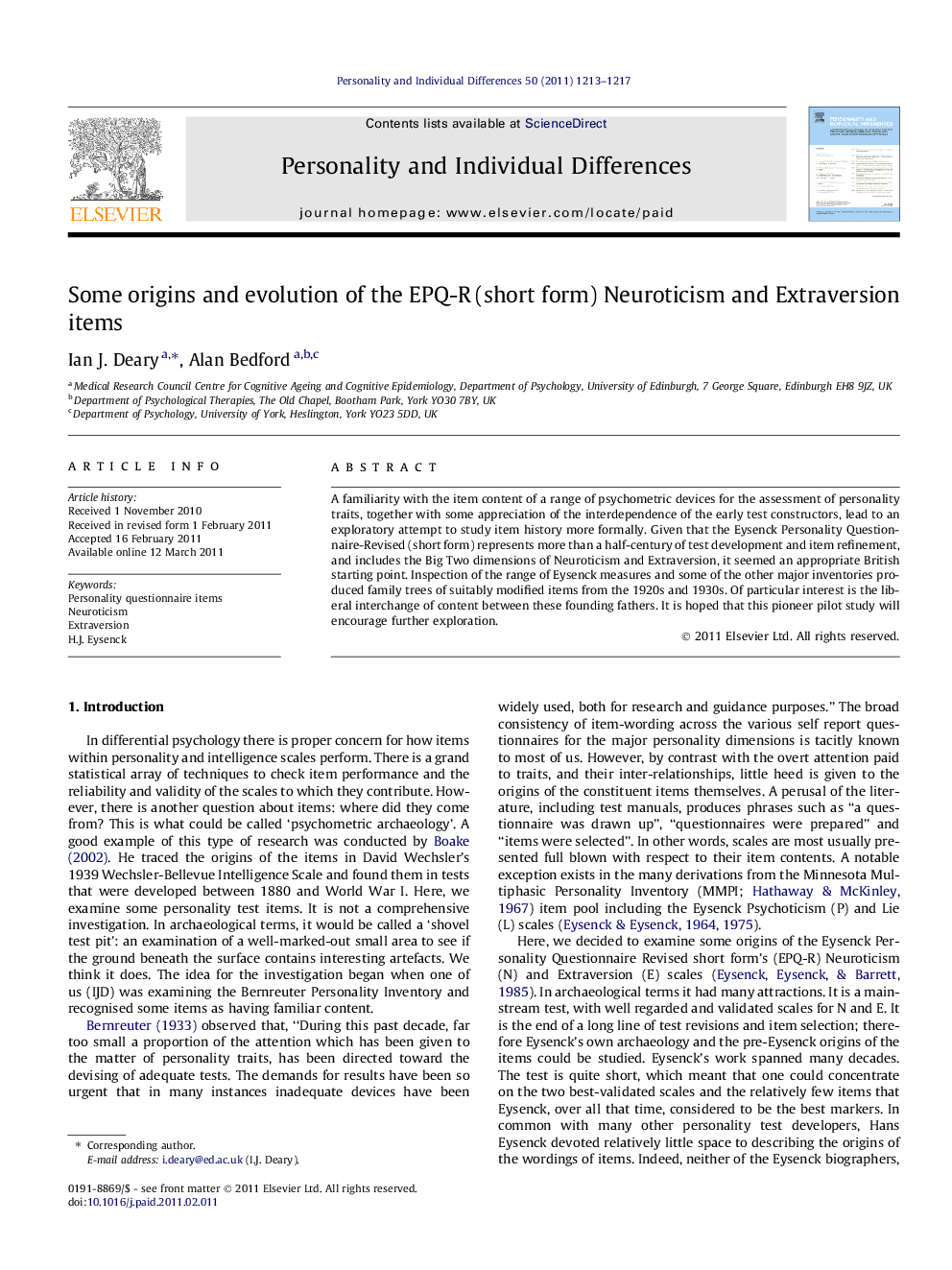 Some origins and evolution of the EPQ-R (short form) Neuroticism and Extraversion items