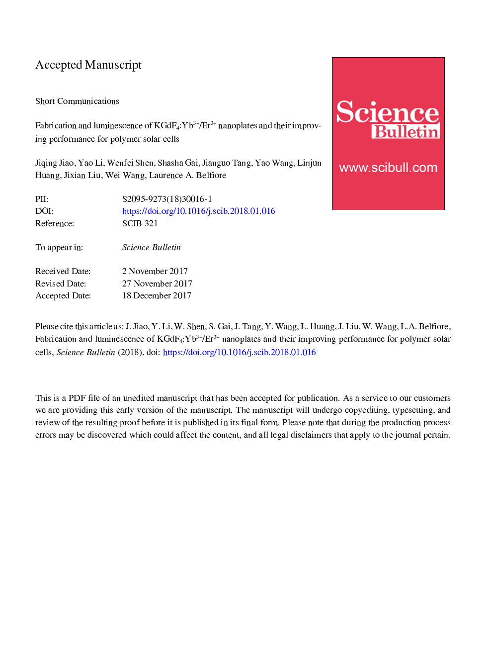 Fabrication and luminescence of KGdF4:Yb3+/Er3+ nanoplates and their improving performance for polymer solar cells