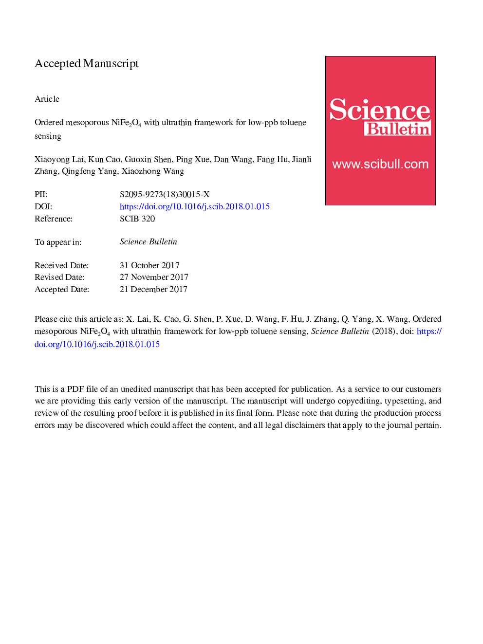 Ordered mesoporous NiFe2O4 with ultrathin framework for low-ppb toluene sensing